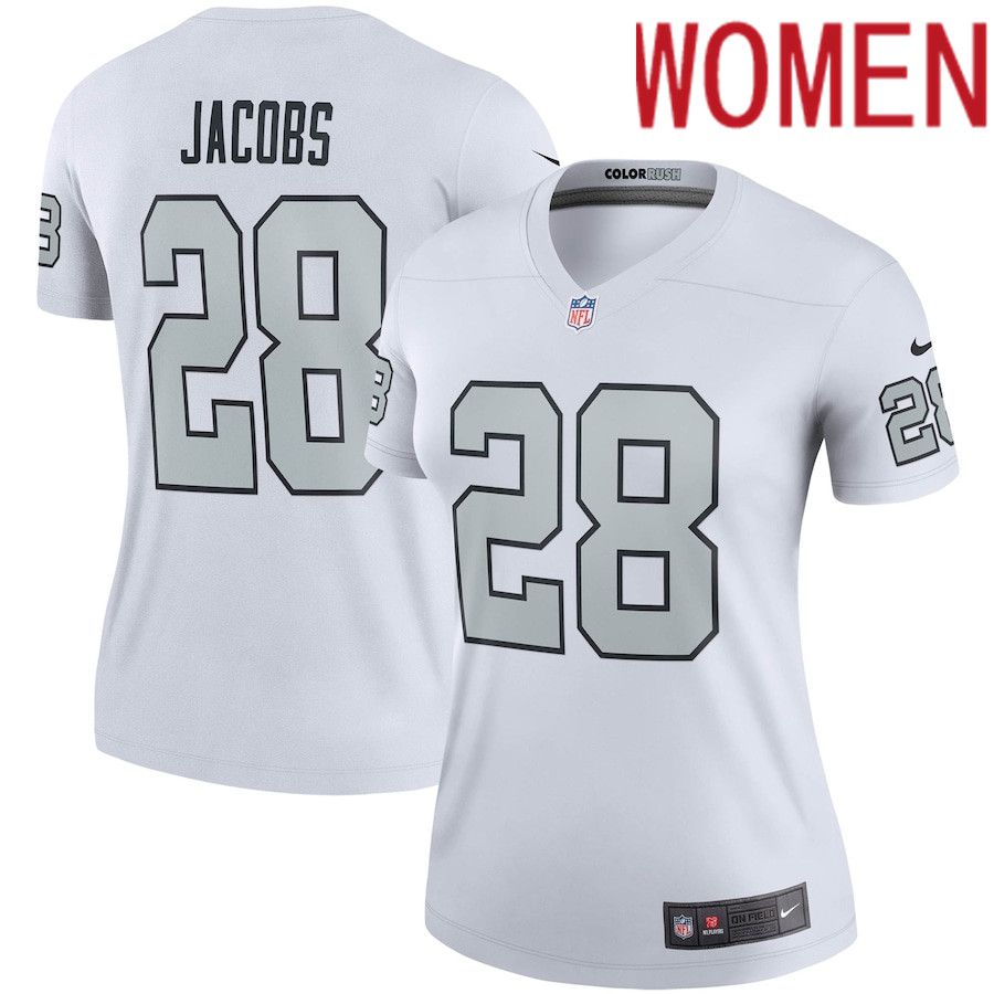 Women Oakland Raiders #28 Josh Jacobs Nike White Color Rush Legend Player NFL Jersey->women nfl jersey->Women Jersey